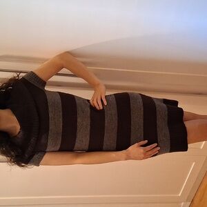 Love Rocks Cowl Neck Striped Short Sleeve Knit Sweater Dress